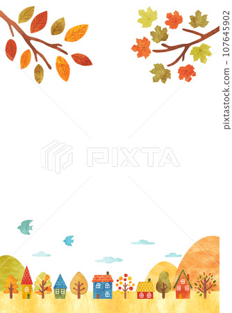 Autumn townscape frame hand-painted watercolor vertical 107645902