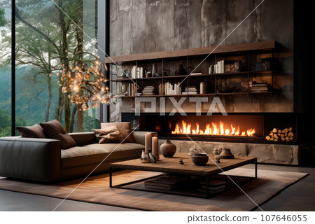 Interior of a modern loft style living room with a sofa, coffee table and fireplace Interior of a modern loft style living room with a sofa, coffee table and fireplace 107646055