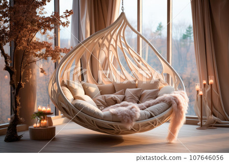 Cozy modern wicker hammock chair with a lot of pillows in the living room of a country house Cozy modern wicker hammock chair with a lot of pillows in the living room of a country house 107646056