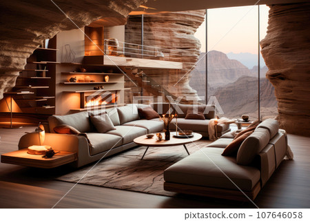 Modern living room interior in desert or cave style Modern living room interior in desert or cave style 107646058
