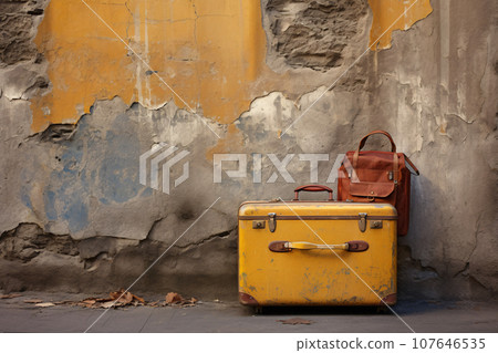 Vintage Suitcase on Old Grunge Wall. Travel Photography Vintage Suitcase on Old Grunge Wall. Travel Photography 107646535