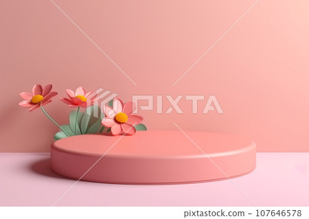 Pink Nature Podium with Flower. Minimal 3D Display for Beauty 107646578