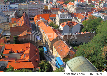 View of the old town from the Lotrszczak Tower in the Gornjigrad district of Zagreb, the capital of Croatia in southern Europe 107646765