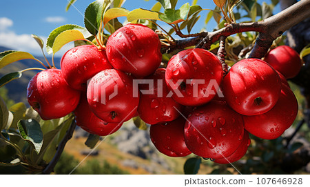 Red delicious apples hanging on The tree ,AI generated 107646928