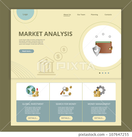 Payment security flat landing page website template. Global investment, search for money, money management. Web banner with header, content and footer. Vector illustration. 107647255