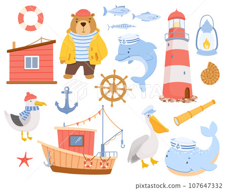 Vector childish cute nautical illustrations set isolated on white background. Vector childish cute nautical illustrations set isolated on white background. 107647332
