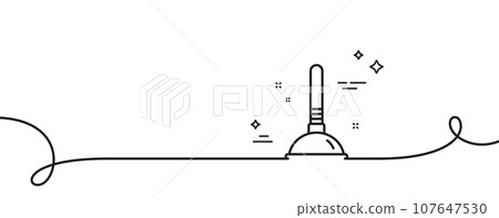 Cleaning plunger line icon. Continuous one line with curl. Cleaning of pipe clogs symbol. Housekeeping equipment sign. Plunger single outline ribbon. Loop curve pattern. Vector 107647530