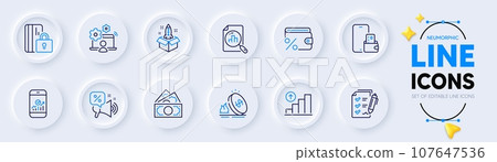 Gas price, Money and Savings tax line icons for web app. Pack of Phone wallet, Graph chart, Blocked card pictogram icons. Discounts offer, Online job, Analytics graph signs. Startup. Vector 107647536