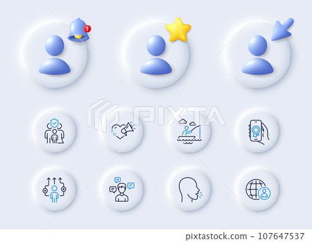 Boat fishing, Family insurance and Cough line icons. Placeholder with 3d cursor, bell, star. Pack of Love message, Conversation messages, Business way icon. Vector 107647537