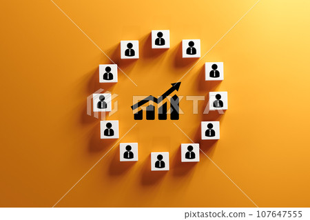 Performance improvement, brainstorm, joint efforts to solve problems, teamwork or working on common project. growing graph icon and wooden cubes with employee symbols on orange background Performance improvement, brainstorm, joint efforts to solve problems, teamwork or working on common project. growing graph icon and wooden cubes with employee symbols on orange background 107647555