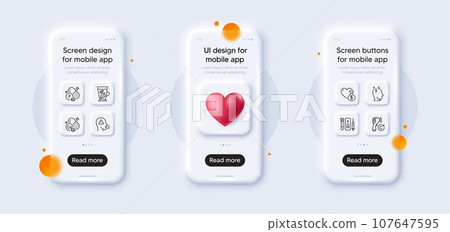 Stress, Blood and saliva test and Electronic thermometer line icons pack. 3d phone mockups with heart. Glass smartphone screen. Mint leaves, Donation, Calcium mineral web icon. Vector Stress, Blood and saliva test and Electronic thermometer line icons pack. 3d phone mockups with heart. Glass smartphone screen. Mint leaves, Donation, Calcium mineral web icon. Vector 107647595