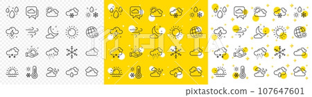 Cloudy sky, winter snowflake, thermometer. Weather and forecast line icons. Moon night, rain and sunset icons. Weather temperature, meteorology forecast and wind, thunder bolt. Vector 107647601