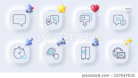Blog, Timer and Cogwheel settings line icons. Buttons with 3d bell, chat speech, cursor. Pack of Web photo, Chat bubble, 24h service icon. Card, Refrigerator pictogram. For web app, printing. Vector Blog, Timer and Cogwheel settings line icons. Buttons with 3d bell, chat speech, cursor. Pack of Web photo, Chat bubble, 24h service icon. Card, Refrigerator pictogram. For web app, printing. Vector 107647626