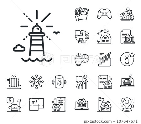 Beacon tower sign. Floor plan, stairs and lounge room outline icons. Lighthouse line icon. Searchlight building symbol. Lighthouse line sign. House mortgage, sell building icon. Real estate. Vector 107647671