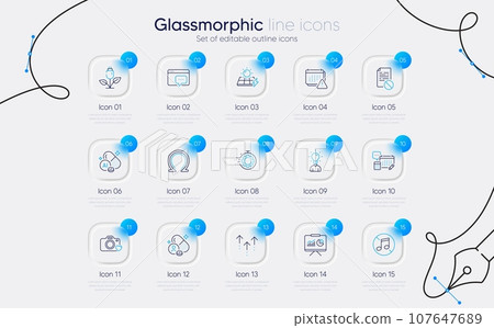 Set of Solar panels, Account and Seo message line icons for web app. Presentation, No music, Vitamin icons. Seo timer, Notification, Aluminium mineral signs. Wrong file, Photo camera, Omega. Vector Set of Solar panels, Account and Seo message line icons for web app. Presentation, No music, Vitamin icons. Seo timer, Notification, Aluminium mineral signs. Wrong file, Photo camera, Omega. Vector 107647689