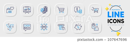 Presentation, Money transfer and Pos terminal line icons for web app. Pack of Info, Dao, Food donation pictogram icons. Loan percent, Wind energy, Credit card signs. Shopping cart, Coins. Vector 107647696
