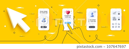 Package box, Baggage and Metro subway line icons pack. Phone screen mockup with 3d alert bell, health and headshot. Pickup, Map, Paper plane web icon. Parking garage, Delivery truck pictogram. Vector Package box, Baggage and Metro subway line icons pack. Phone screen mockup with 3d alert bell, health and headshot. Pickup, Map, Paper plane web icon. Parking garage, Delivery truck pictogram. Vector 107647697