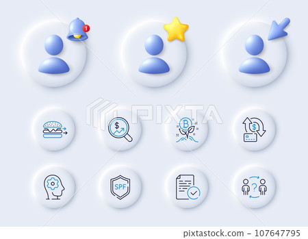 Food delivery, Currency audit and Spf protection line icons. Placeholder with 3d cursor, bell, star. Pack of Brain working, Money transfer, Bitcoin project icon. Vector 107647795