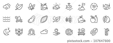 Icons pack as Wind energy, Plants watering and Apple line icons for app include Waves, Juice, Pecan nut outline thin icon web set. Water glass, Sunny weather, Sun protection pictogram. Vector 107647800