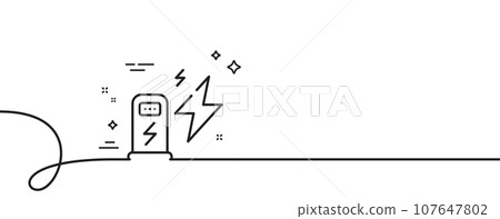 Charging station line icon. Continuous one line with curl. Car charge place sign. Electric power symbol. Charging station single outline ribbon. Loop curve pattern. Vector 107647802