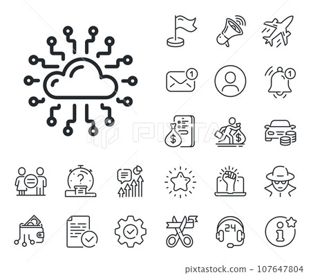 Internet data storage sign. Salaryman, gender equality and alert bell outline icons. Cloud computing network line icon. File hosting technology symbol. Cloud network line sign. Vector 107647804