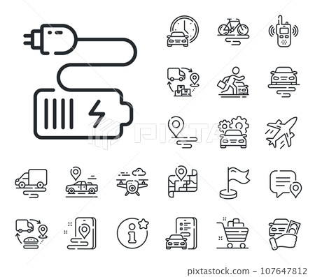 Charge accumulator sign. Plane, supply chain and place location outline icons. Battery plug line icon. Electric power symbol. Battery line sign. Taxi transport, rent a bike icon. Travel map. Vector Charge accumulator sign. Plane, supply chain and place location outline icons. Battery plug line icon. Electric power symbol. Battery line sign. Taxi transport, rent a bike icon. Travel map. Vector 107647812