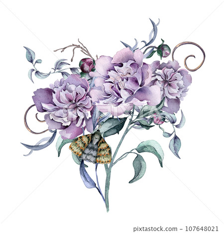 Watercolor purple pink bunch of peony flowers isolated on white. Gothic floral botanical bud Illustration hand drawn. Gothic Dark Wedding Decoration in vintage style. Element for invitation, backdrop 107648021