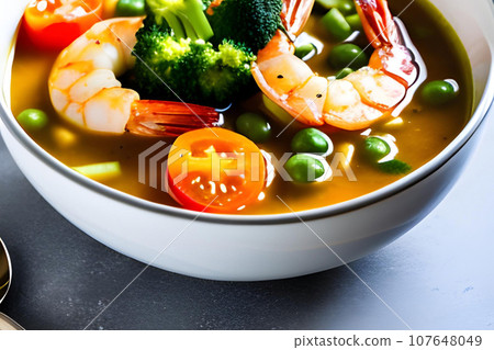 Tom yum soup with shrimps and vegetables in bowl. Generative AI Tom yum soup with shrimps and vegetables in bowl. Generative AI 107648049