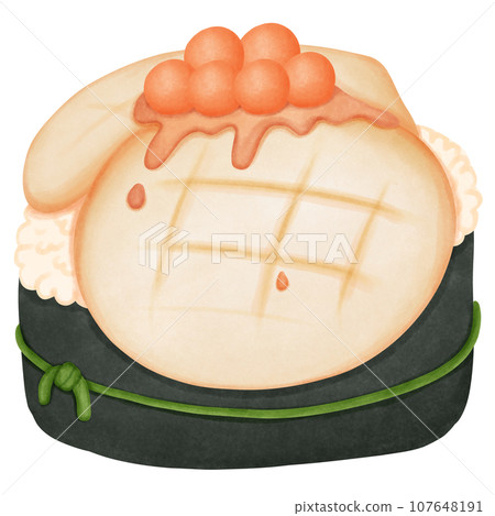 Illustration of seaweed sushi roll with grilled shellfish and shrimp roe, watercolor painting 107648191