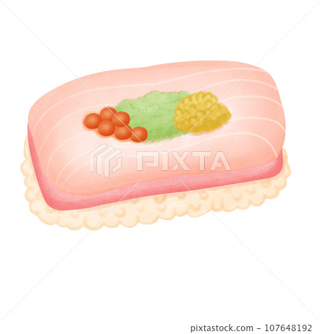 Illustration of a sushi roll with salmon and caviar on a white background 107648192