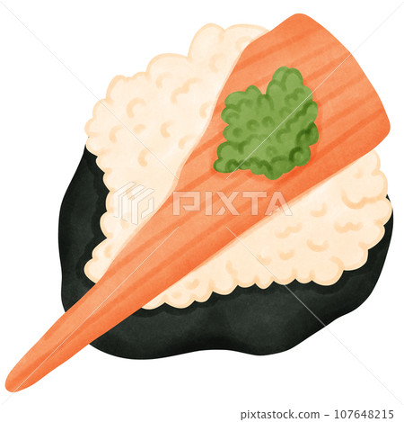 Illustration of sushi seaweed rice rolls with crab sticks and coriander, watercolor painting 107648215