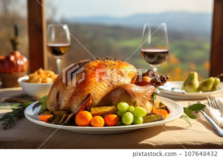 Festive celebration roasted turkey for Thanksgiving. Roast turkey, grapes and red wine. Festive celebration roasted turkey for Thanksgiving. Roast turkey, grapes and red wine. 107648432