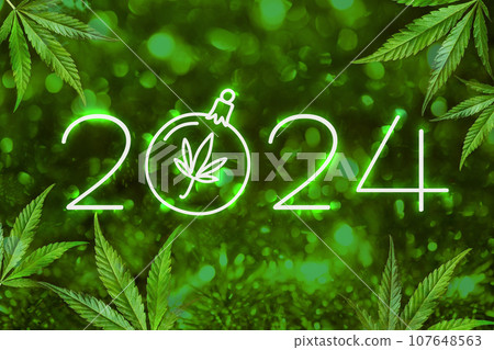 The inscription 2024 in neon on a green background with bokeh and marijuana leaves. Holiday New Year numbers on a shiny cannabis backdrop. New Year banner for CBD The inscription 2024 in neon on a green background with bokeh and marijuana leaves. Holiday New Year numbers on a shiny cannabis backdrop. New Year banner for CBD 107648563
