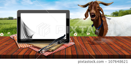 Tablet Computer with Blank Pages and a Goat Looking at the Camera 107648621