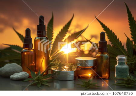 Small glass bottlees with hemp oil with a stopper on a natural backdrop Small glass bottlees with hemp oil with a stopper on a natural backdrop 107648750