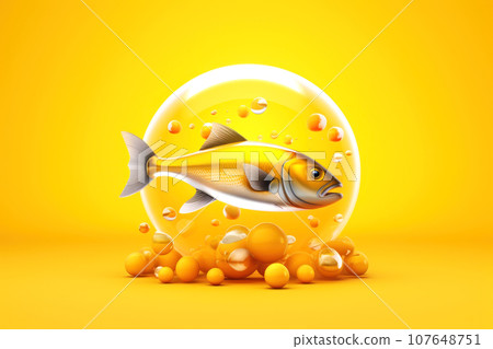 Mock-up of yellow vitamins. Beautiful background with different types of bubbles and fish Mock-up of yellow vitamins. Beautiful background with different types of bubbles and fish 107648751