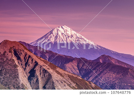 Avachinsky volcano in Kamchatka peninsula on sunset 107648776