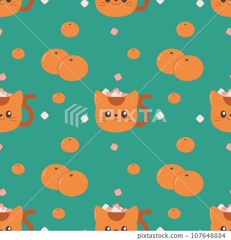 Pattern seamless cute mug with cat and tangerine, winter, christmas. 107648884
