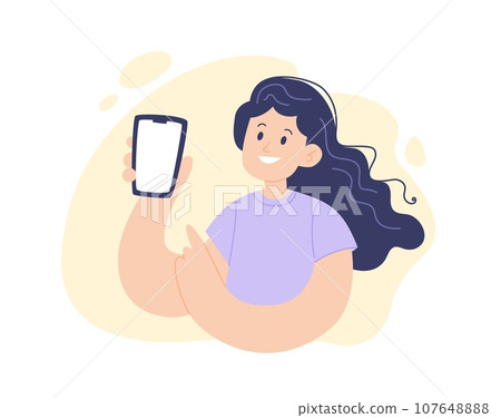 Woman showing smartphone. Young positive character. Concept for business, technology, services, flat cartoon vector illustration. 107648888
