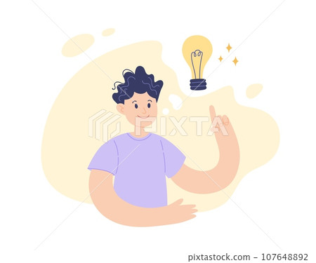New idea light bulb concept. Young positive man with lamp above her head. Vector illustration in simple style New idea light bulb concept. Young positive man with lamp above her head. Vector illustration in simple style 107648892
