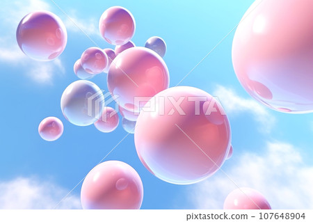 Futuristic composition of suspended glass pink and blue Christmas balls 107648904
