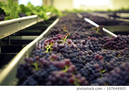 Blue grapes are lying on a conveyor belt at the red wine production 107648905