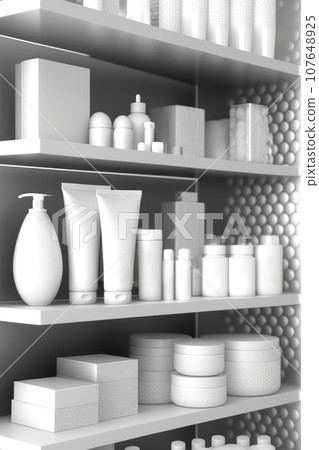 Pink cabinet with shelves and varios mockups of beauty products without labels 107648925