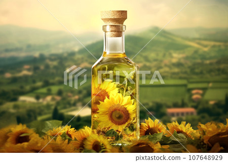 Glass bottle with a cork stopper with sunflower oil. A transparent vial with a yellow liquid and a sunflower inside. Generated by AI. Glass bottle with a cork stopper with sunflower oil. A transparent vial with a yellow liquid and a sunflower inside. Generated by AI. 107648929