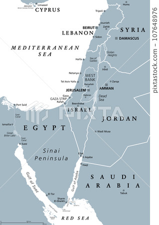 Israel and the Sinai Peninsula, gray political map. The Southern Levant, a geographical and historical region, encompassing Israel, Palestine, Jordan, Lebanon, southern Syria and the Sinai Peninsula. Israel and the Sinai Peninsula, gray political map. The Southern Levant, a geographical and historical region, encompassing Israel, Palestine, Jordan, Lebanon, southern Syria and the Sinai Peninsula. 107648976