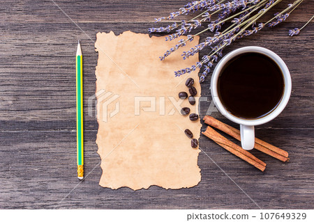 Old paper,pencil and coffee with lavender flower Old paper,pencil and coffee with lavender flower 107649329