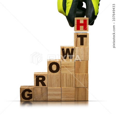 Gloved Hand Arranging Wooden Blocks with Text Growth Isolated on White 107649433