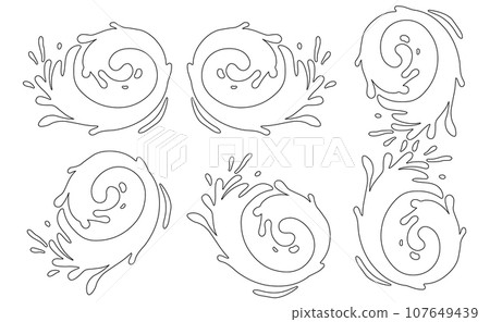 Water and juice splash liquide. Black doodle line. A wave shape, sculpted testament to oceans rhythm A drop shape, gentle whisper of fluid dynamics A dripped droplet, delicate dancer in ballet 107649439