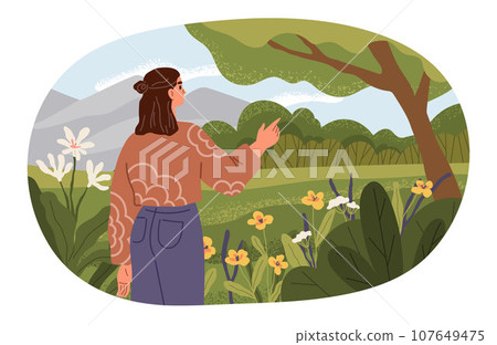 Happy woman walking on green meadow, hiking alone in summer weekend in public park. Adventure and journey. Active lifestyle female character in vacation walking in nature, activity and leisure time Happy woman walking on green meadow, hiking alone in summer weekend in public park. Adventure and journey. Active lifestyle female character in vacation walking in nature, activity and leisure time 107649475
