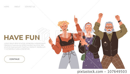 Happy people concept. Vector illustration People in victory salute their fans and supporters Good teamwork friendship guides them overcome challenges Celebrating people blow horns and throw confetti 107649503
